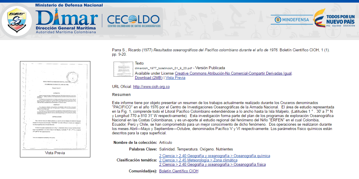 Primer artículo científico publicado por el Centro de Investigaciones Oceanográficas e Hidrográficas (CIOH) en 1977.