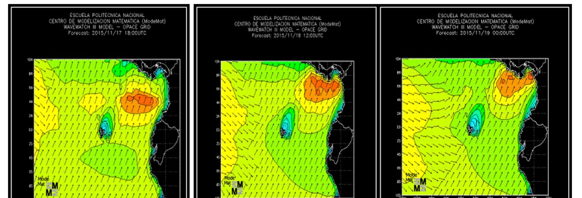Comportamiento del oleaje al centro y norte de la CPC (fuente: Escuela Politécnica Nacional - Centro de Modelación Matemática - 